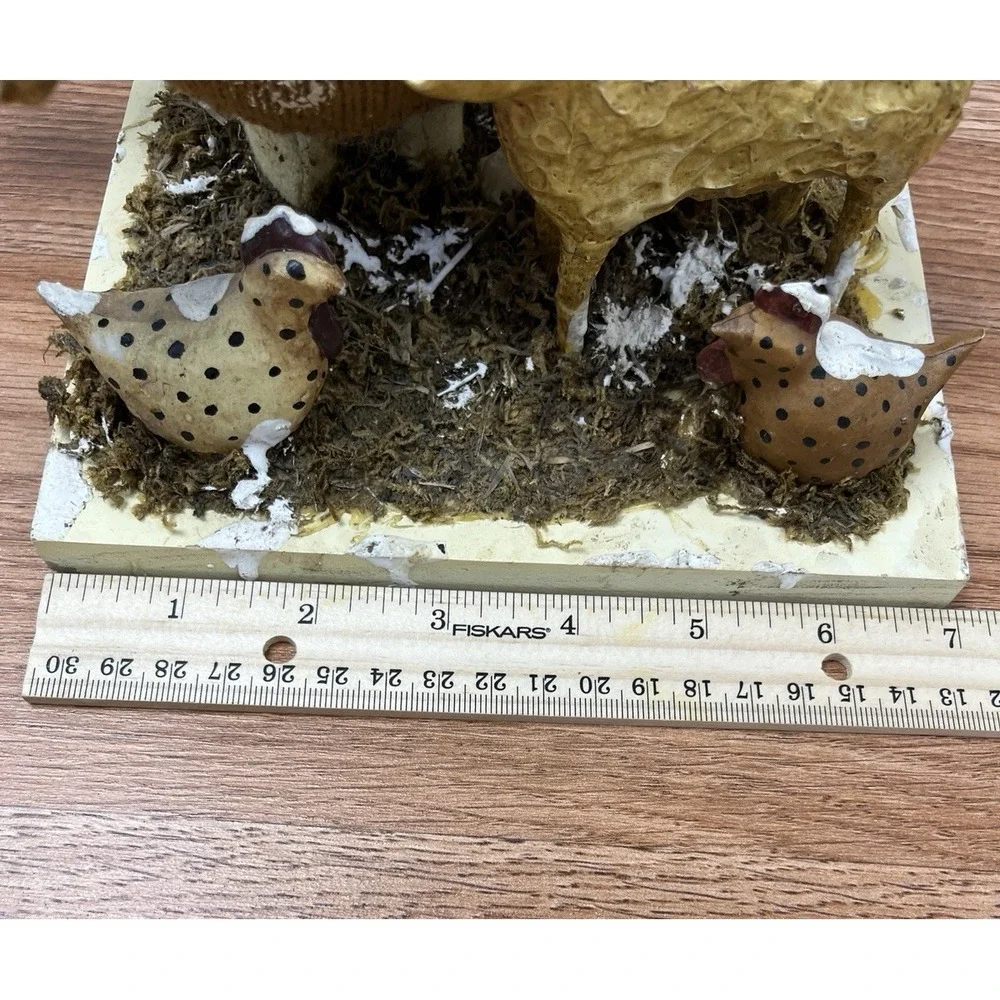 Folk Art Mixed Media Snowman with Farm Animal Friends Sheep Chickens Birds